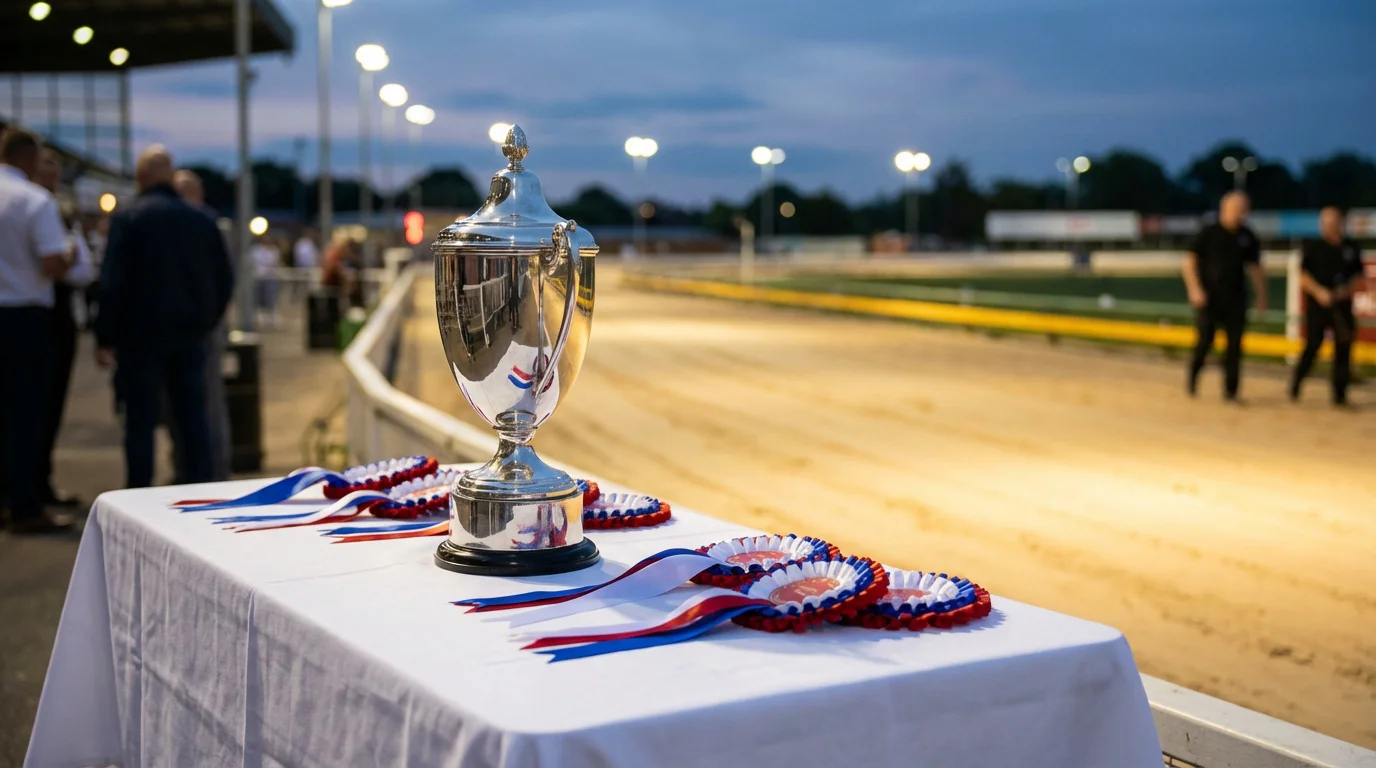 Silver trophy and rosettes on a presentation table at a UK greyhound stadium