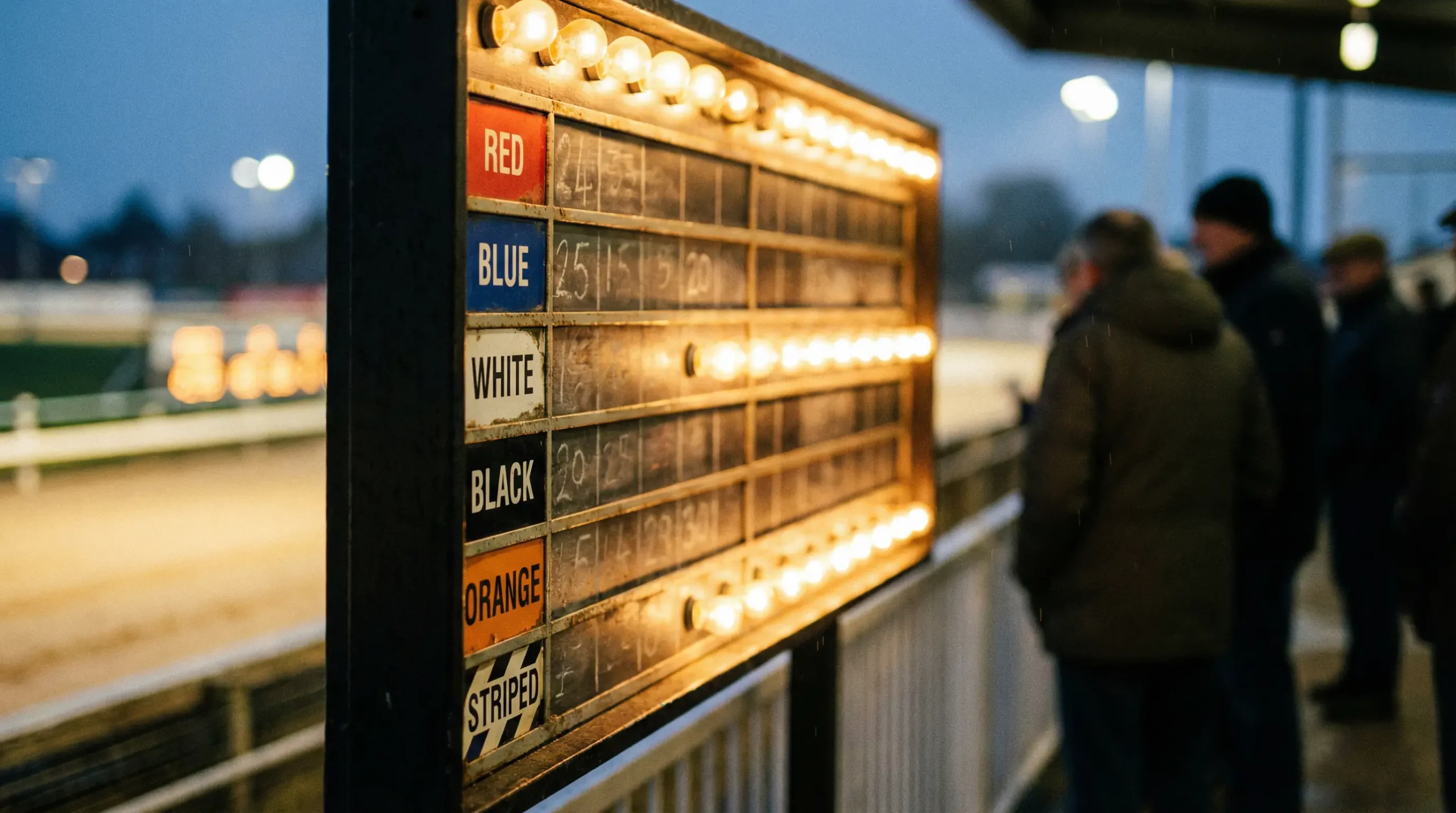 Traditional odds board at a UK greyhound stadium lit by warm tungsten lighting
