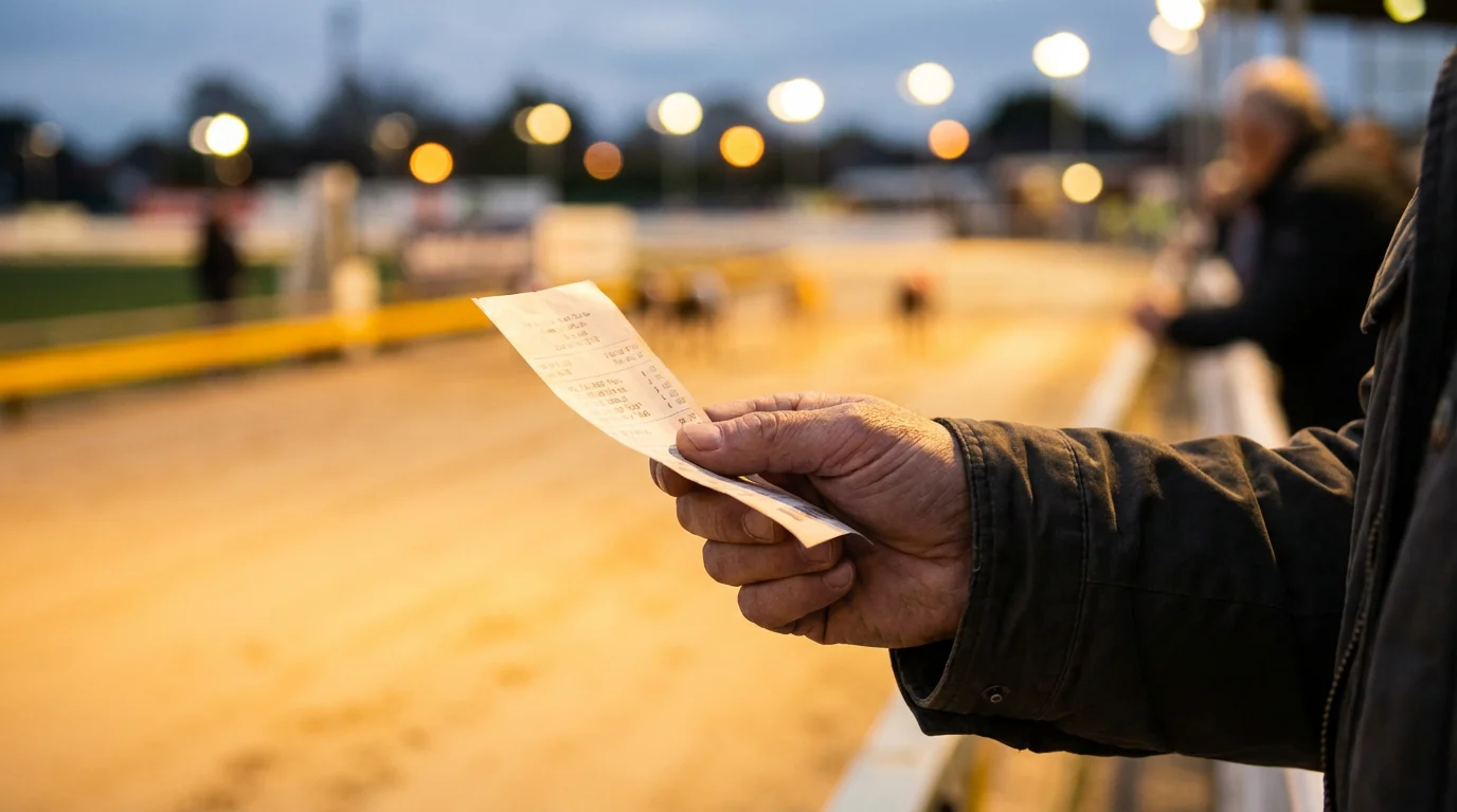 Punter holding a paper betting slip at a floodlit greyhound stadium