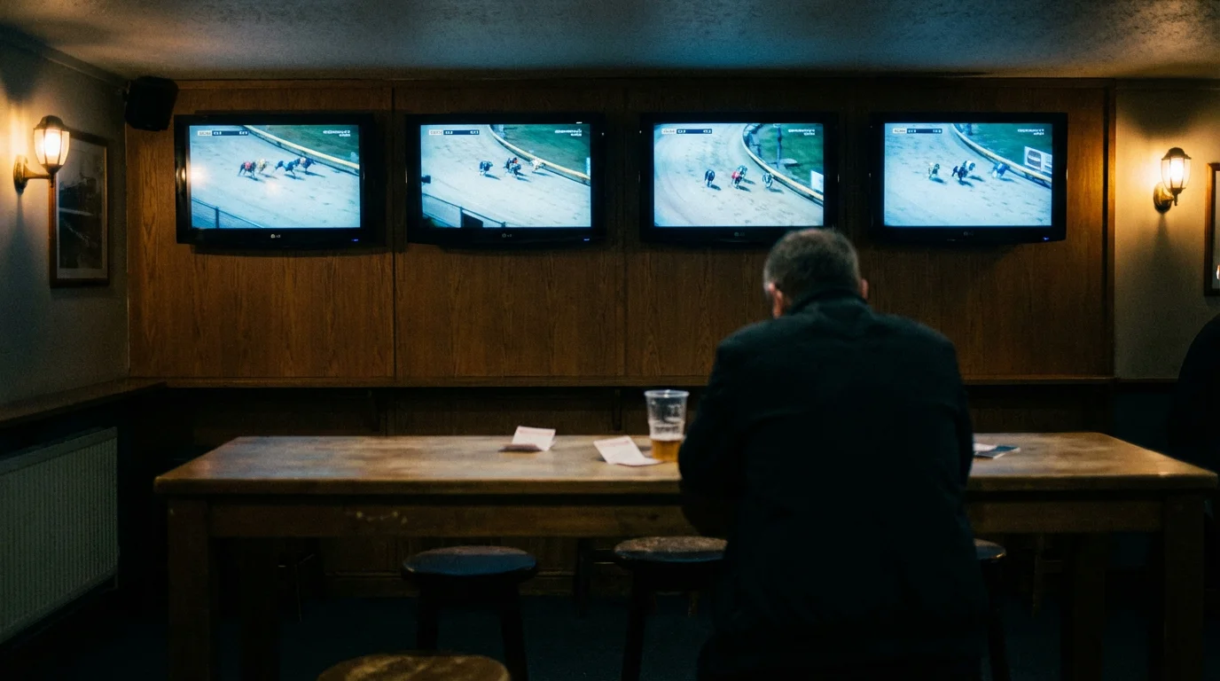 Row of TV screens showing different greyhound races inside a stadium betting area