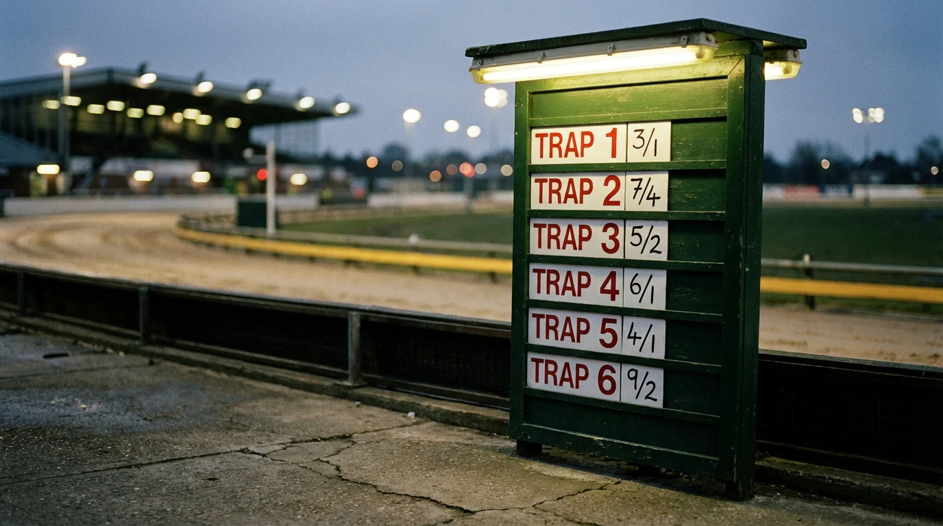 Bookmaker odds board at a UK greyhound racing stadium showing prices for an upcoming race