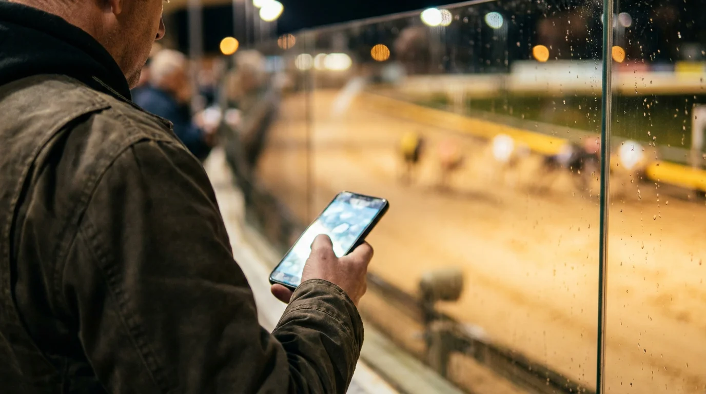 Person checking a smartphone at a UK greyhound racing stadium in the evening