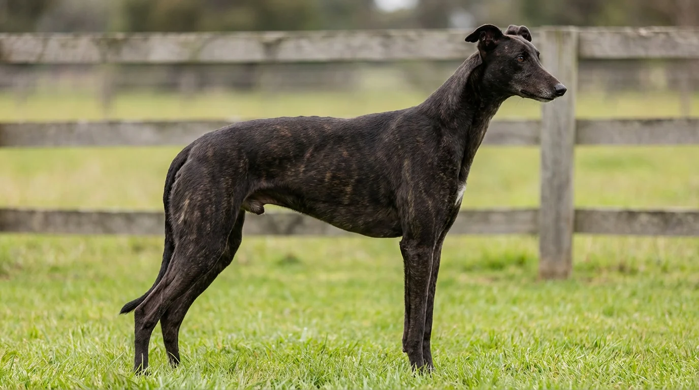 Athletic racing greyhound standing in profile in a grassy paddock showing muscular build
