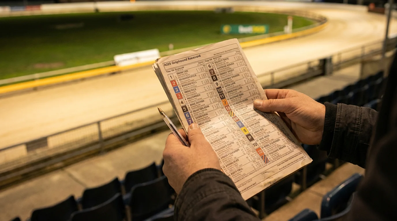 Punter studying a greyhound racecard and form guide at a UK dog track