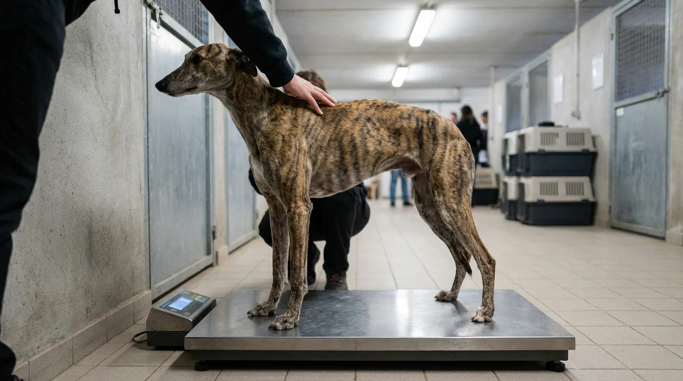 Racing greyhound standing on a veterinary scale in a stadium kennel area