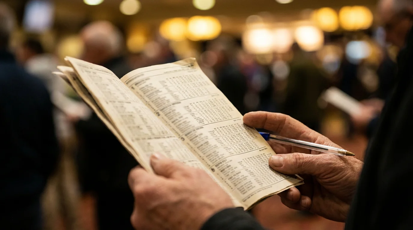 Pair of hands holding an open printed greyhound racecard with a pen resting on it