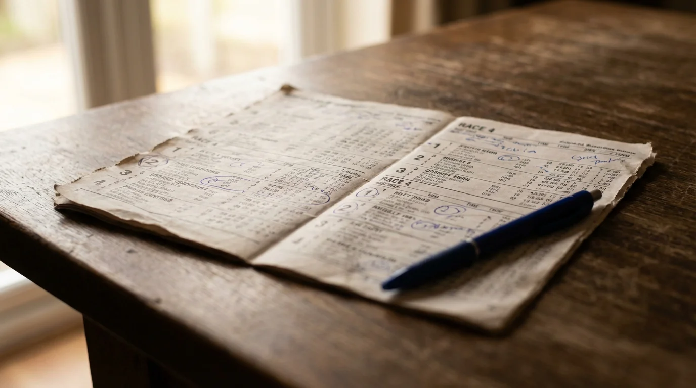 Close-up of a greyhound racecard showing form figures, sectional times and calculated times