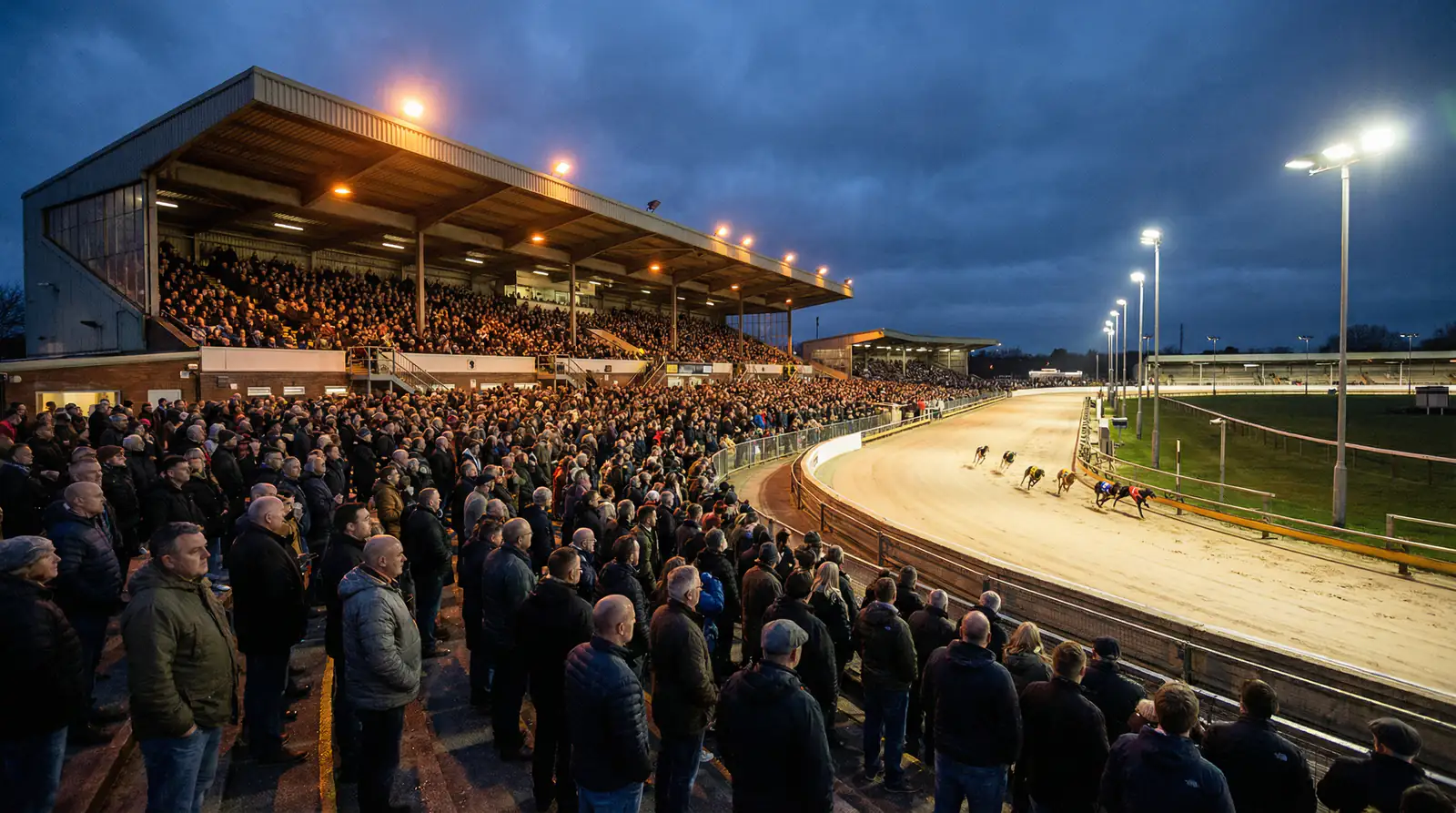 Packed grandstand at a major UK greyhound racing event under bright floodlights