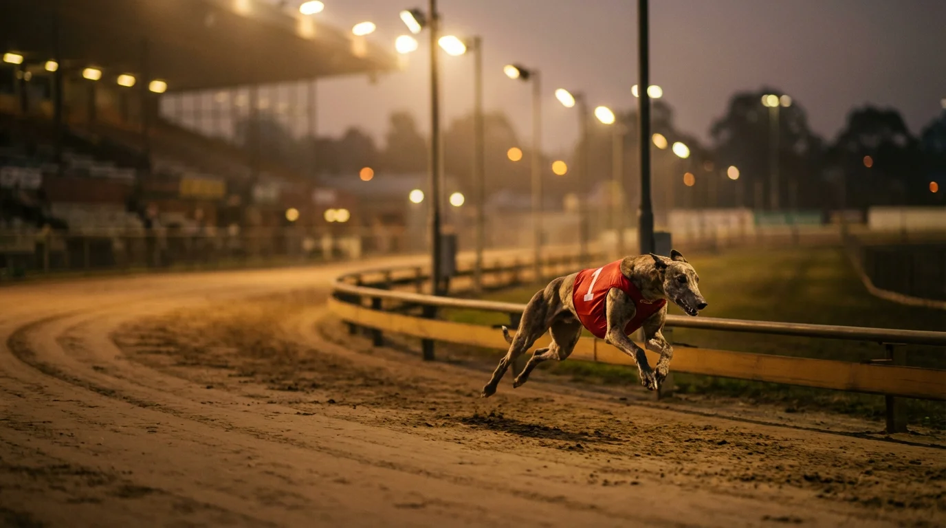 Greyhound sprinting on a UK sand track under floodlights during a 275-metre race