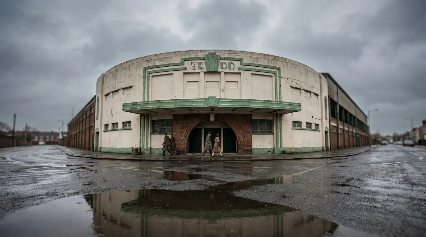 Exterior of a classic British greyhound stadium with Art Deco architectural features