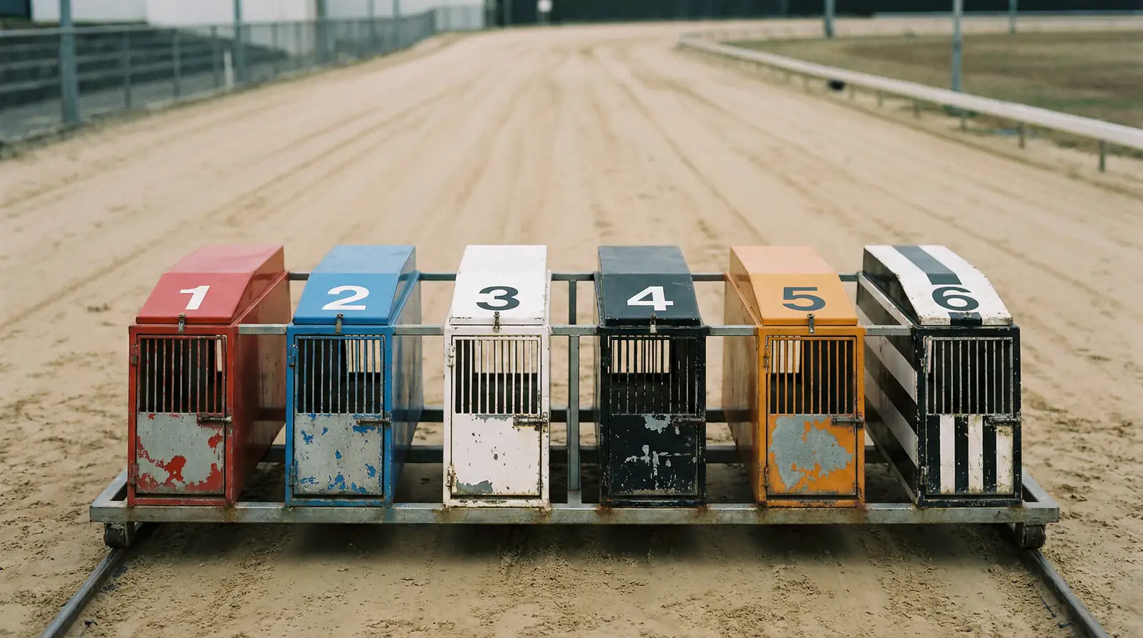Six greyhound starting traps with coloured lids at a UK greyhound racing stadium