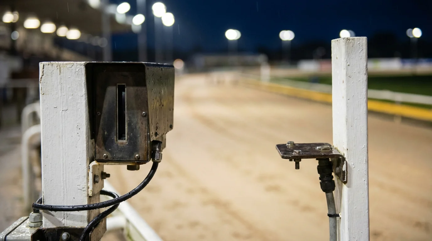 Photo-finish camera equipment mounted at the finish line of a UK greyhound sand track