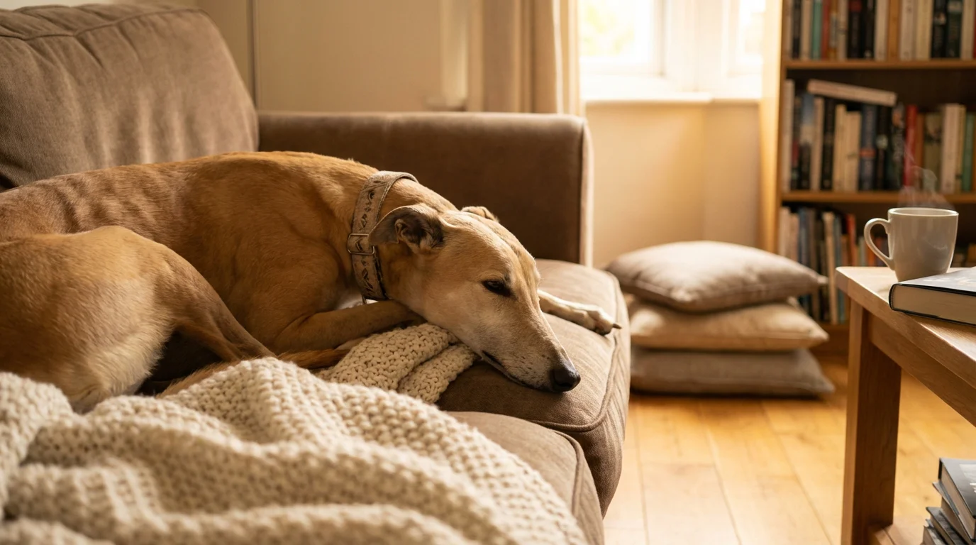 Retired greyhound lying contentedly on a sofa in a warm home setting