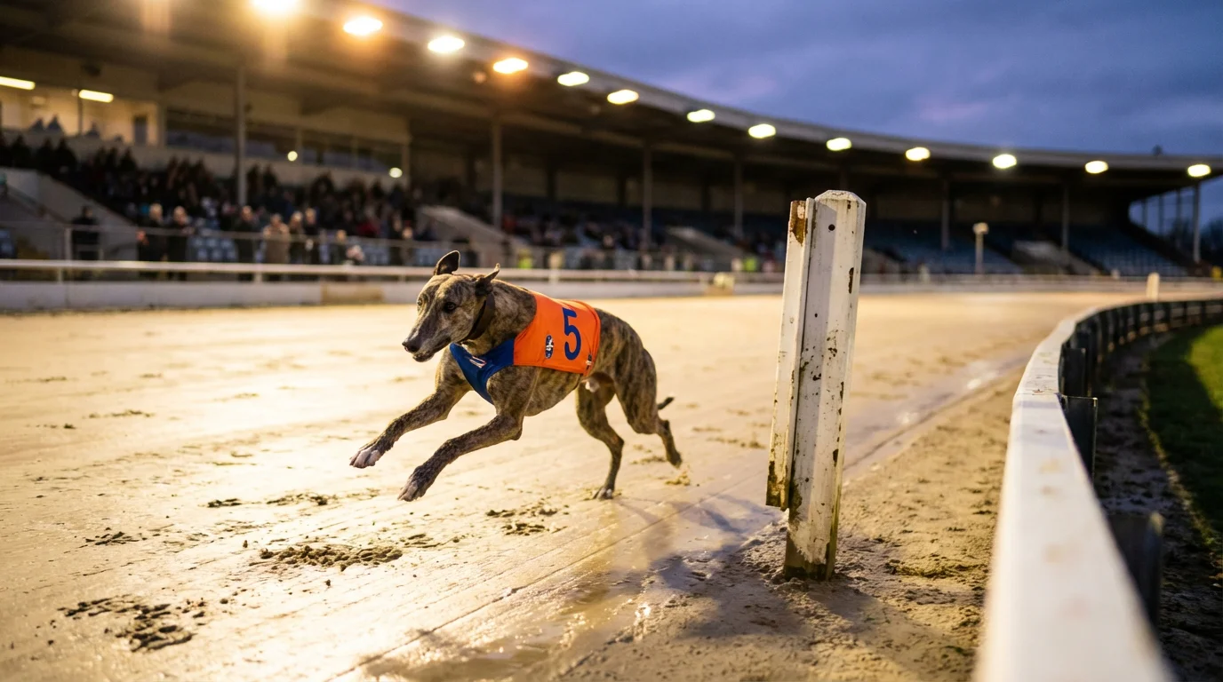 Greyhound in full stride racing past a timing post on a UK sand track