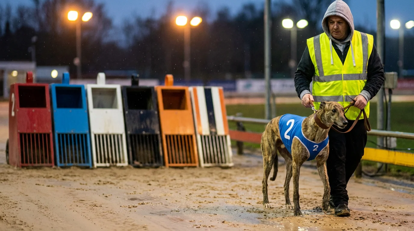 Handler in a high-visibility vest leading a greyhound towards the starting traps