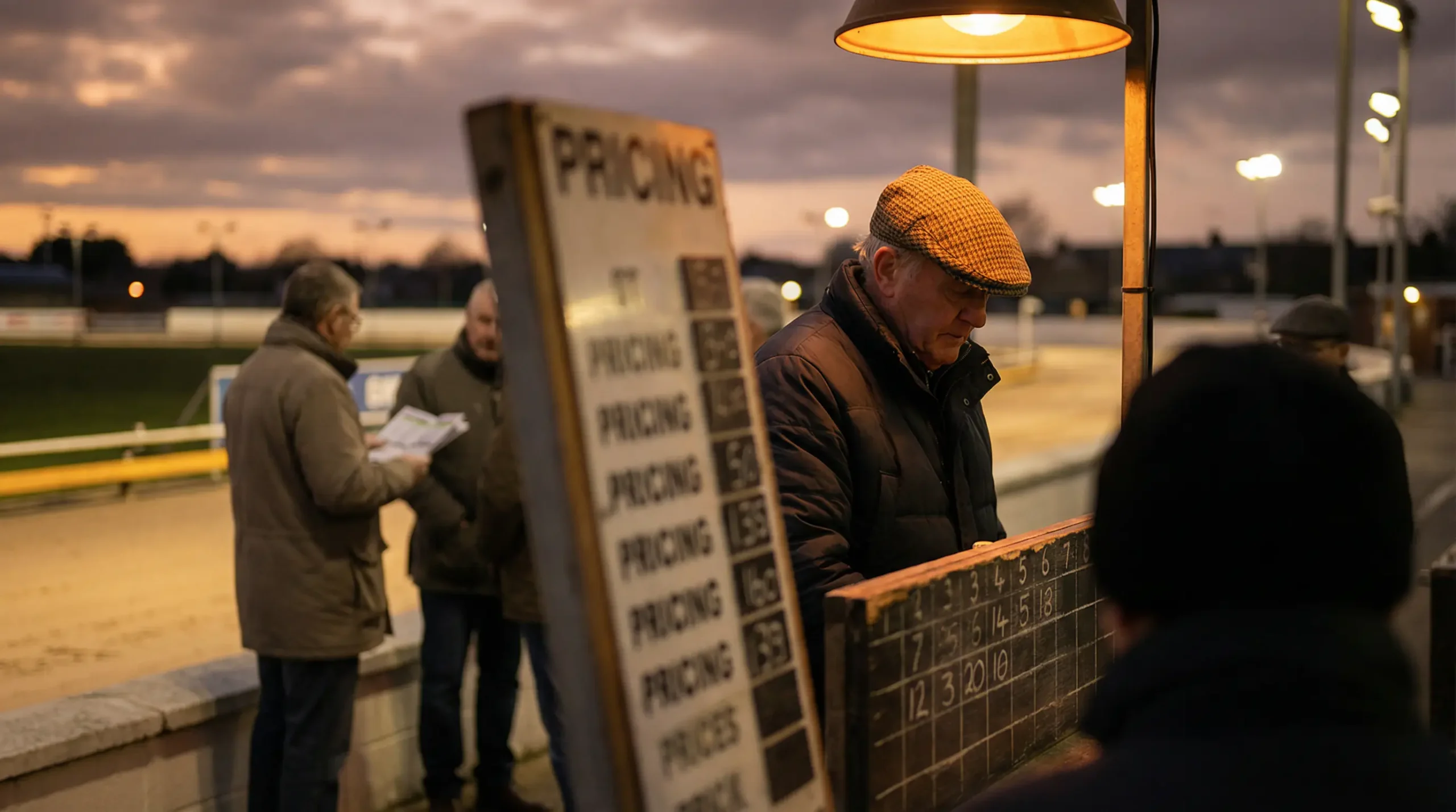 On-course bookmaker at a UK greyhound stadium with an odds board at dusk
