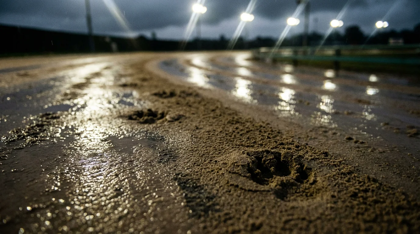 Wet sand surface of a UK greyhound track reflecting floodlights after rain