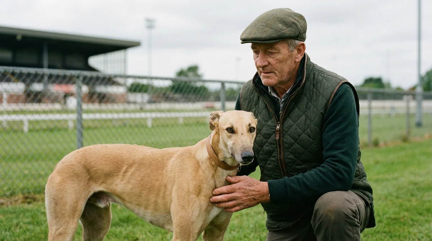 Greyhound trainer kneeling beside a racing dog in a paddock at a UK stadium