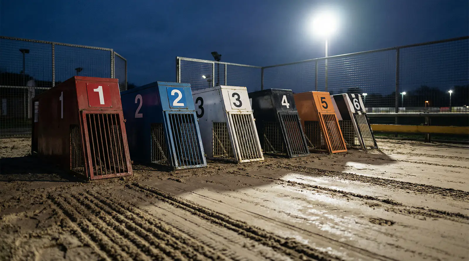 Close-up of six numbered greyhound starting traps painted in standard colours on a sand track
