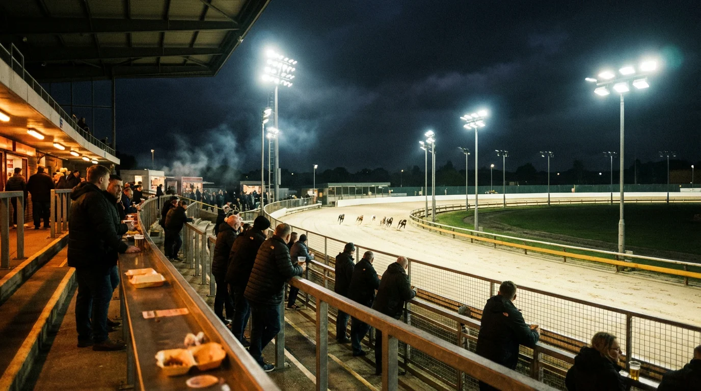 Floodlit UK greyhound stadium at night with a race in progress on the sand track