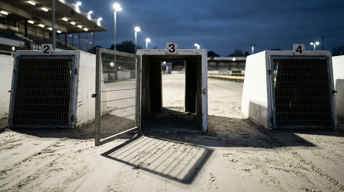Single empty starting trap with its gate open on a UK greyhound sand track