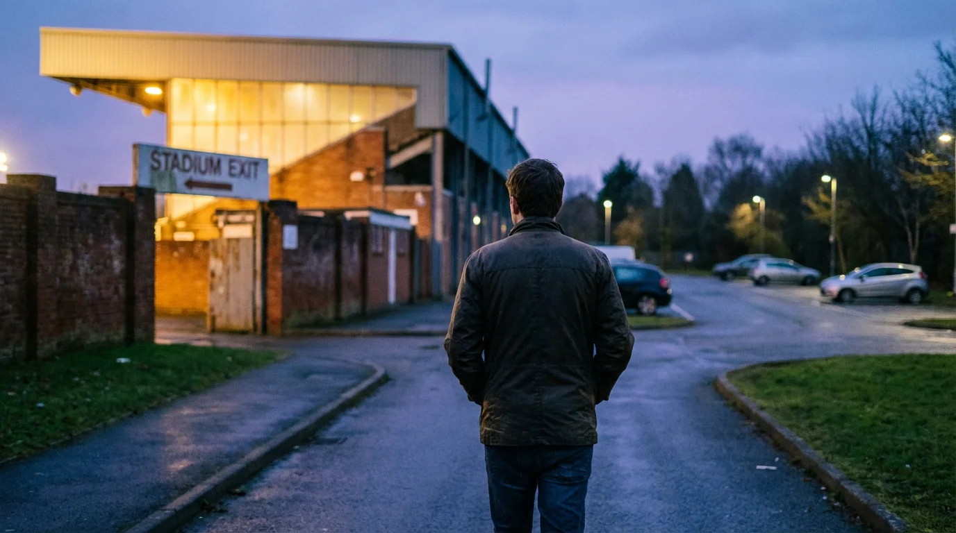 Person walking calmly away from a UK greyhound stadium at twilight