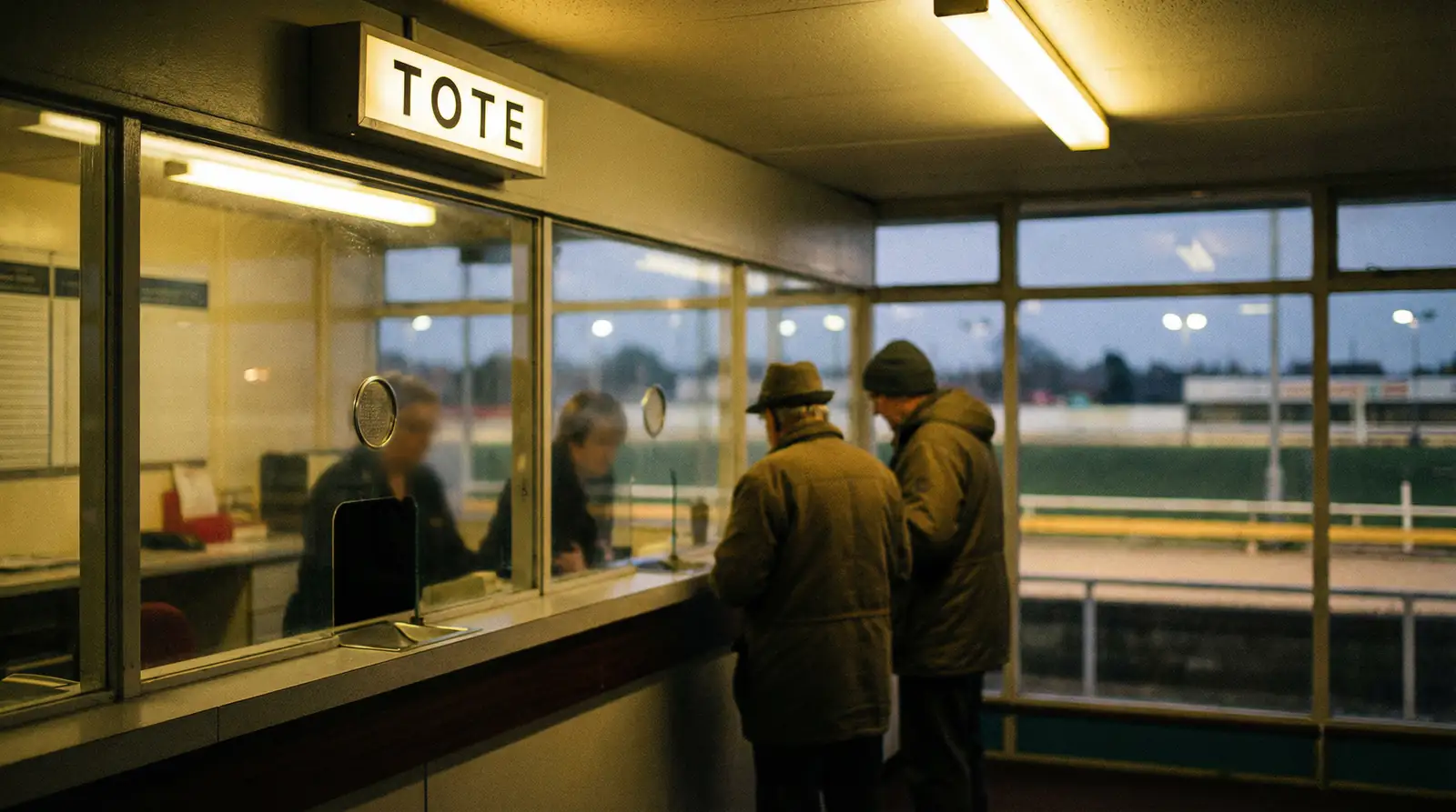 Tote betting counter at a UK greyhound racing stadium with warm interior lighting