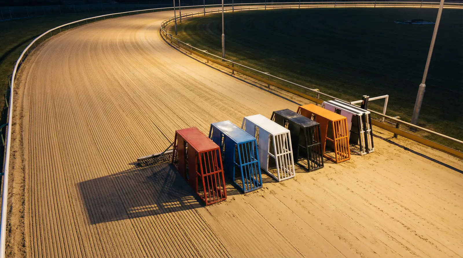 Overhead view of six coloured greyhound starting traps on a freshly raked sand track