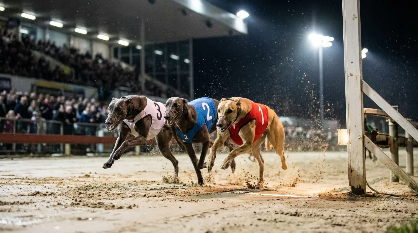 Three greyhounds crossing the finish line in close formation on a sand track