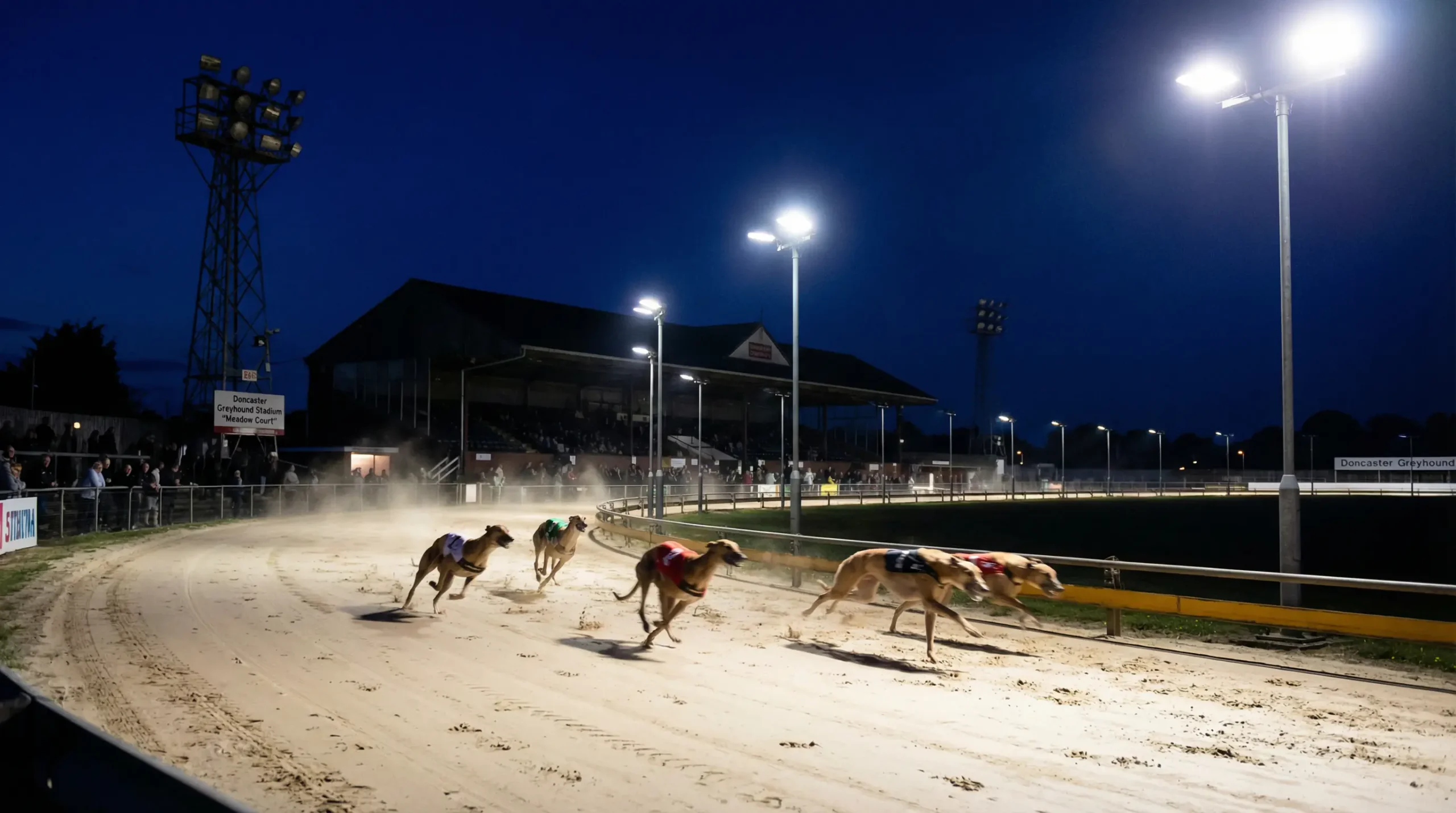 Greyhounds racing on the back straight at Doncaster Greyhound Stadium during an evening meeting